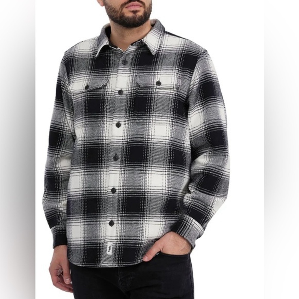 Men's Black & White Plaid Flannel Shirt - Long Sleeve Button Down Size Large